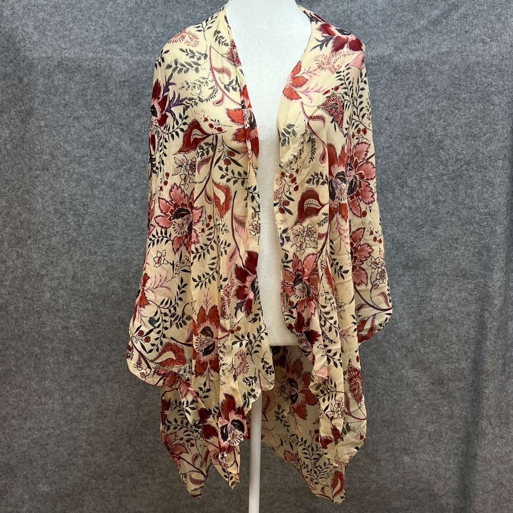 Elu Floral Paisley Open Front‎ Kimono Cardigan Beige Burgundy Resort Cover Up OS